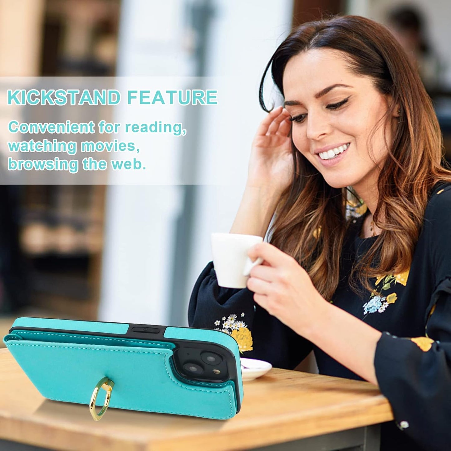 Folosu Compatible with iPhone 14 Plus Case Wallet with Card Holder, 360°Rotation Finger Ring Holder Kickstand, RFID Blocking Leather Protective Double Buttons Shockproof Cover 6.7 Inch Green