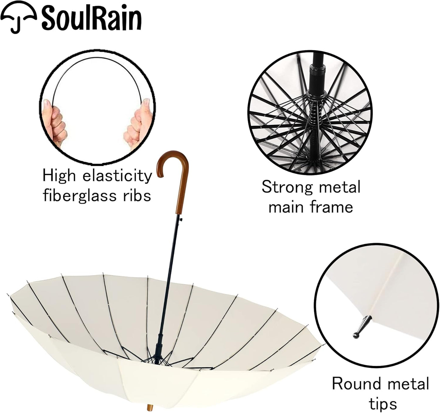 SoulRain 16 Ribs 48" Stick Umbrella Auto Open Solid Color Fashionable and Simple,Arc Classic Wood