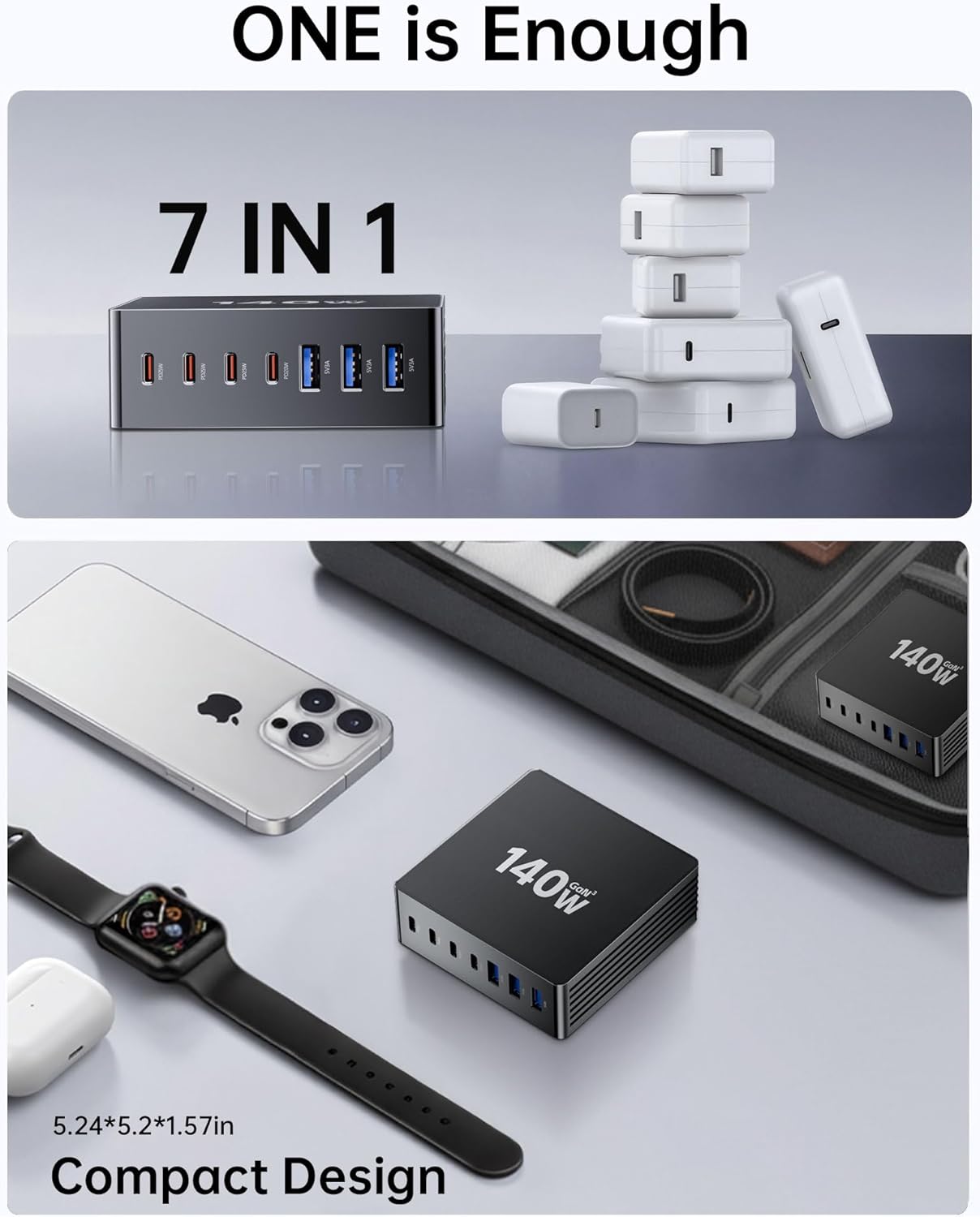 USB C Charger Block, 140W GaN III 7-Port Fast Charging Station for Multiple Devices, PD 3.0 USB Wall Charger Power Strip Charging Hub Travel Adapter Plug for iPad iPhone Samsung, 1 Pcs