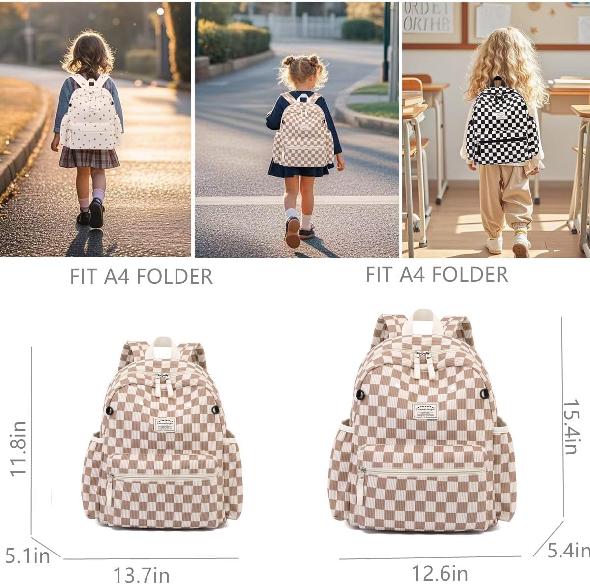 Corduroy Kids Backpack for Boys Girls Backpacks for Primary Elementary Kindergarten (Checkered Brown, Small (13.7" H Fit A4 Folder))