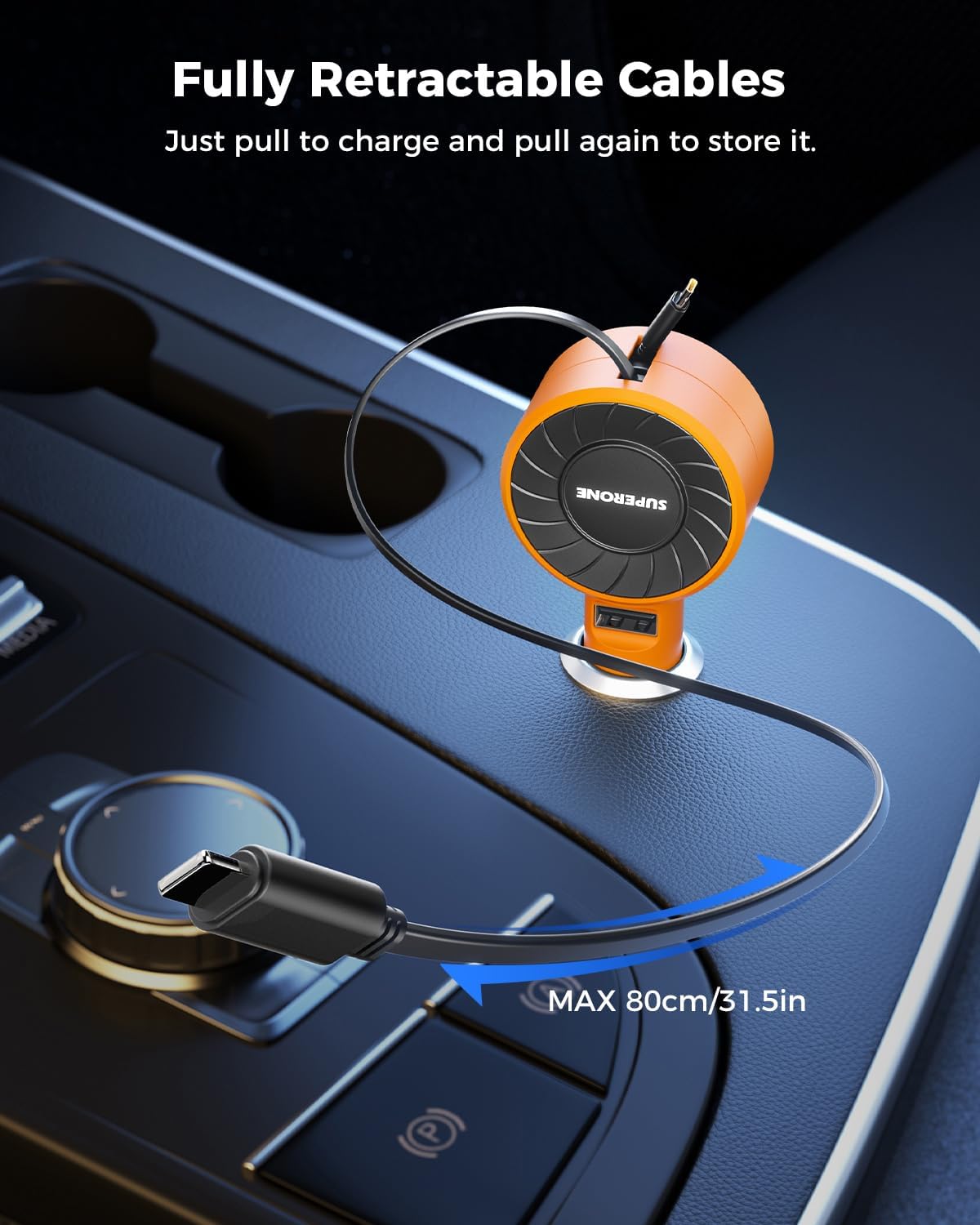SUPERONE 3-in-1 Car Charger with Retractable Cords, USB C Charger Car Adapter Compatible with iPhone 17/16/15/14/13/12/11 Pro Max Samsung Android Phones