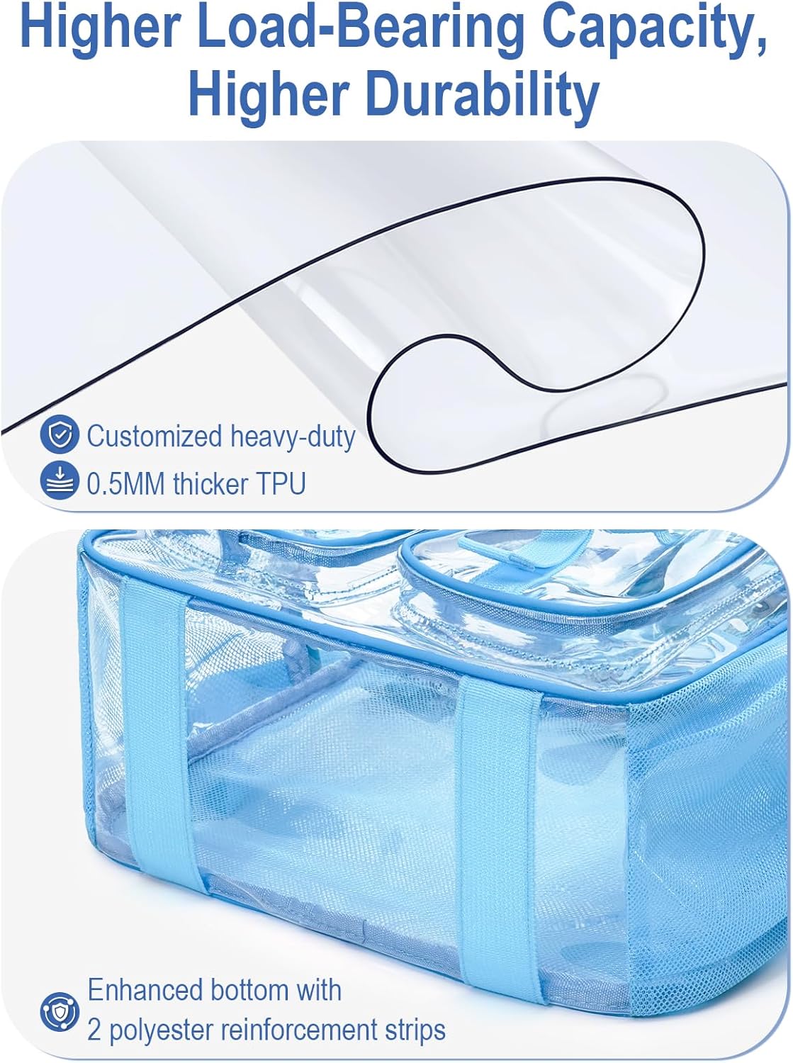 Heavy Duty Clear Backpack For School, 17 Inch Large Clear Bookbag For Kids Boys Girls Women Men, 360° 3M Reflective Strips See Through Backpack, Multi-Pockets Tranparent Bag, Light Blue