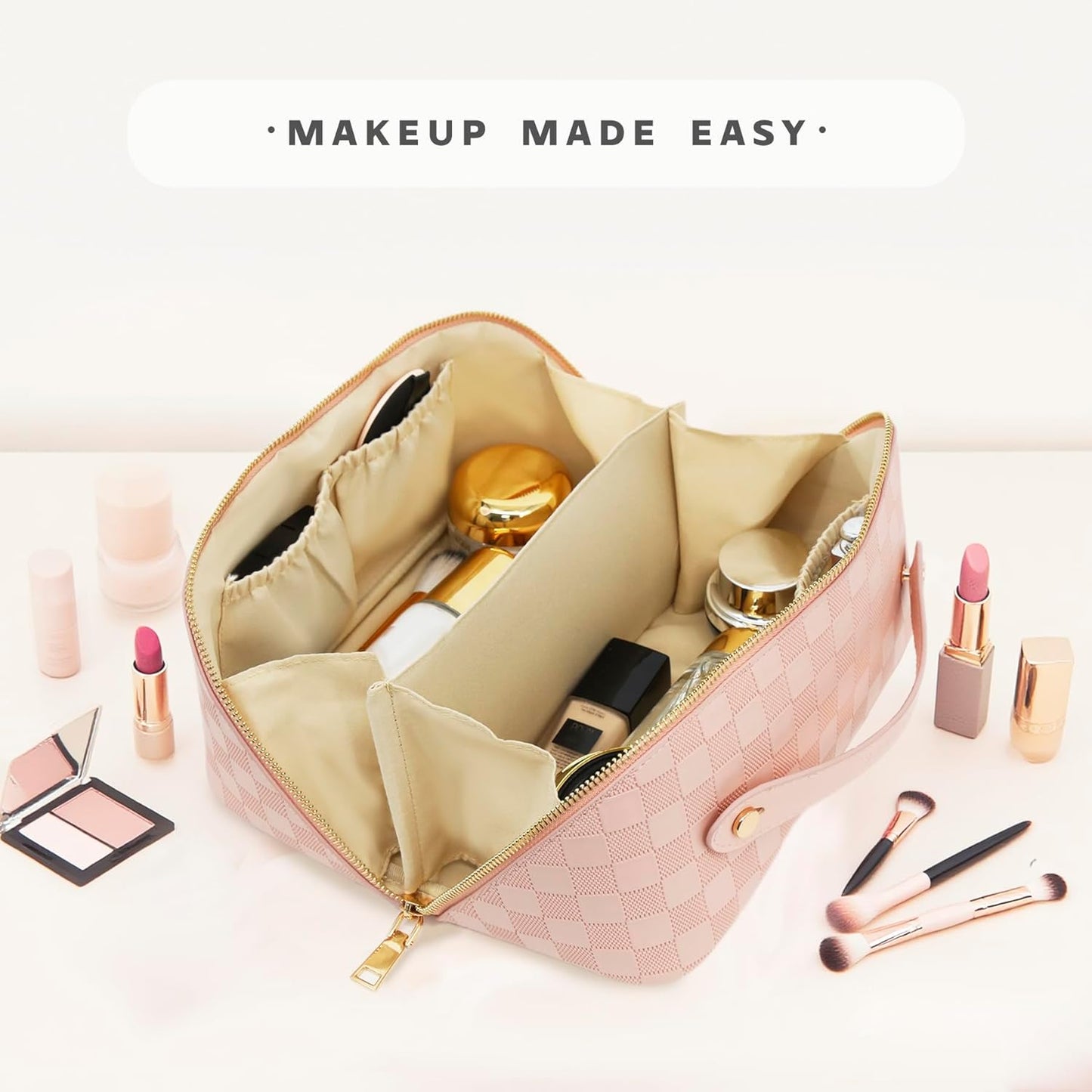 Travel Makeup Bag – Large Cosmetic Organizer with Waterproof PU Leather, Smooth Double Zipper &