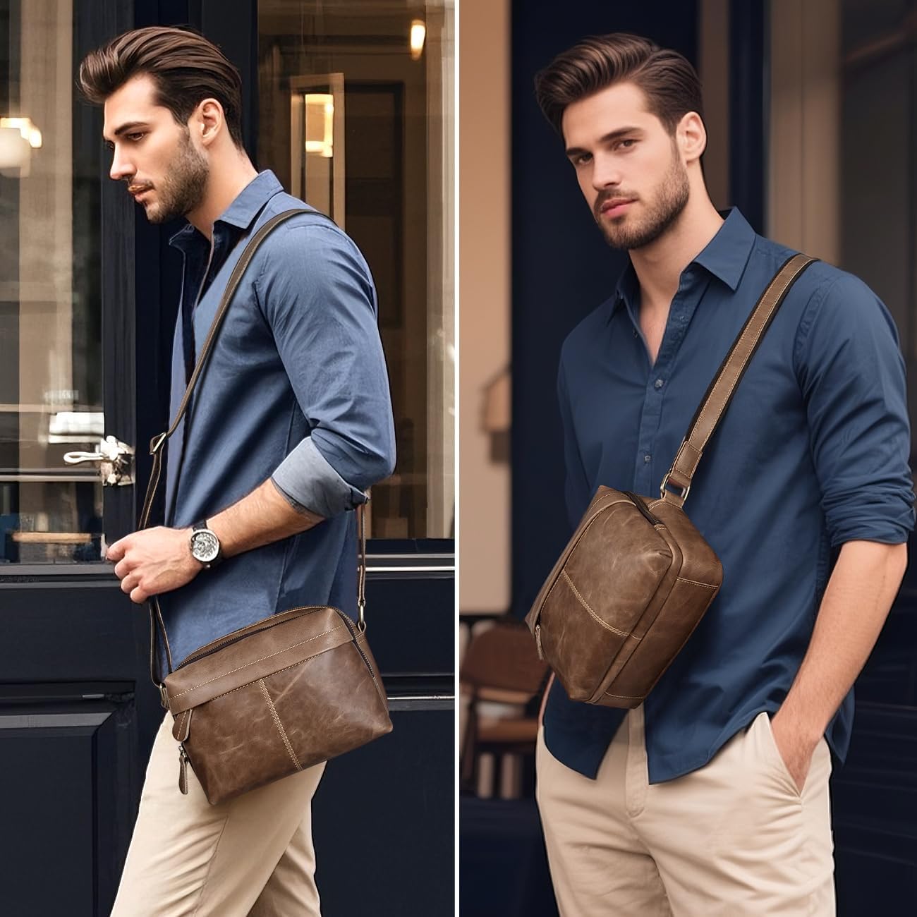Augus Leather Messenger Crossbody Shoulder Bag for Men Work Business Casual Adjustable straps With YKK Metal Zipper