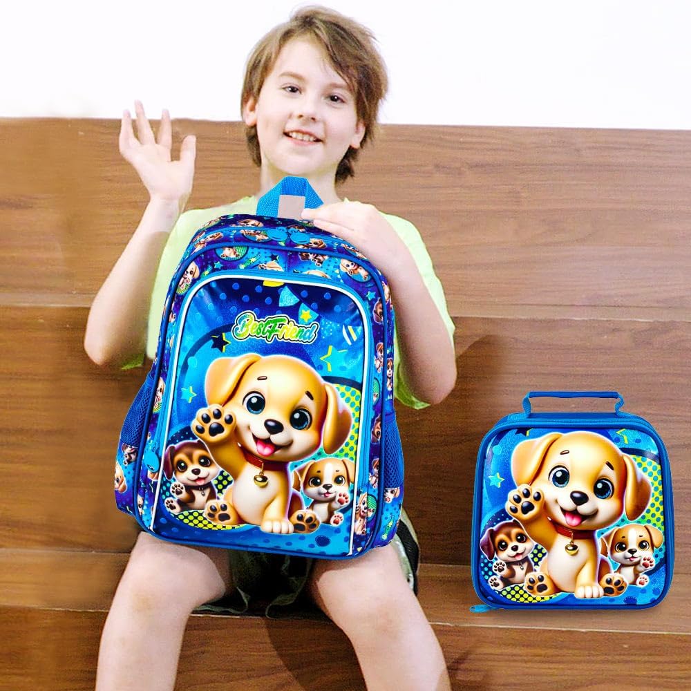 3PCS Backpack for Boys, 16" Kids Dog Backpacks Water Resistant for Elementary Preschool, Boy Bookbag with Lunch Box