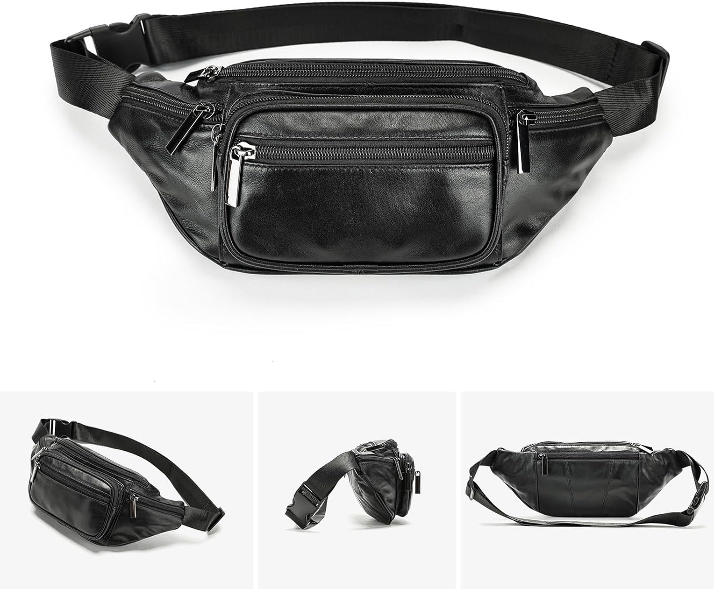 Genuine Leather Fanny Pack Men Women Multi-Pockets sling Waist Bag For Travel Sports Hiking Cycling Fishing Running Black Small