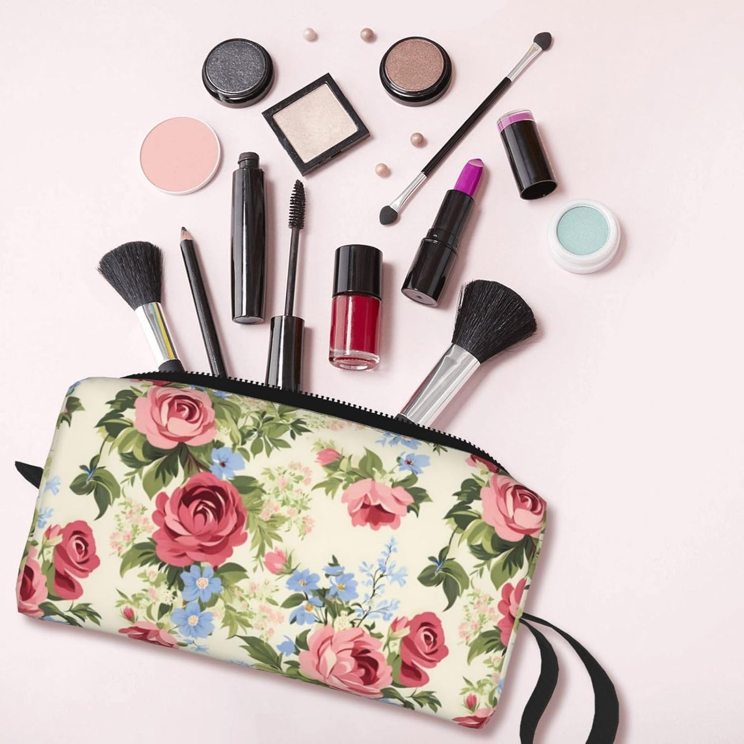 Vintage Rose Garden Makeup Bag Small Compact & Durable Travel Cosmetic Bag Organizer Oxford Fabric Impact-Resistant Multi-Purpose Storage Perfect for Travel, Gym, Daily Use