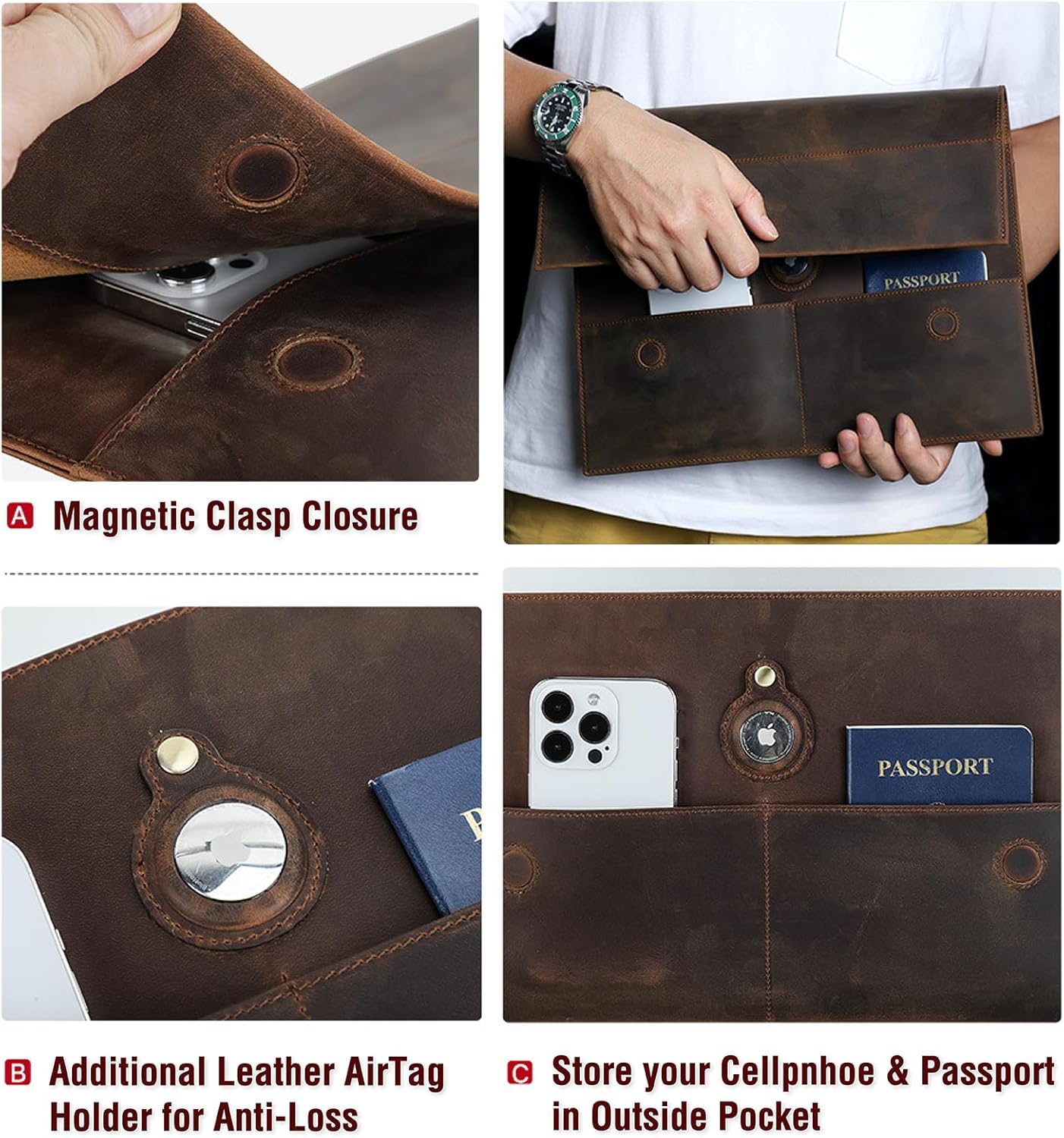 Top Grain Leather 14.2" Slim Laptop Sleeve Bag, Magnet Clasp Closure Style & 3 Pockets & Tracker Holder, Fully Handmade, Fits MacBook Pro/Air 14.2"/13.3"/Cellphone/Passport, Coffee 14.2 Inch