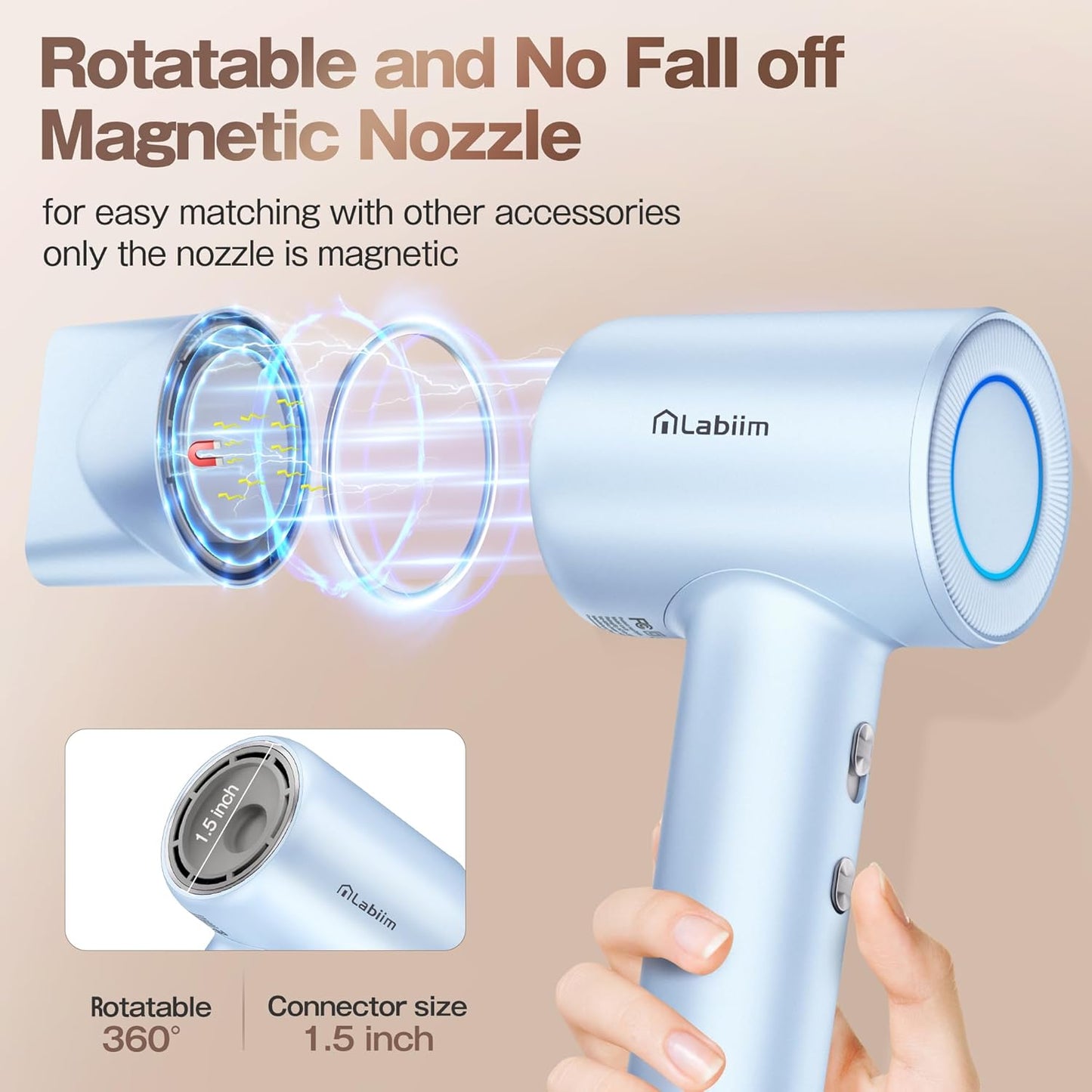 Hair Dryer, High-Speed Ionic Low Noise Blow Dryer with Brushless Motor for Fast Drying, Thermo-Control Quiet Compact Hair Blow Dryer, Hairdryer with 1 Nozzle Attachments for Home Salon Travel