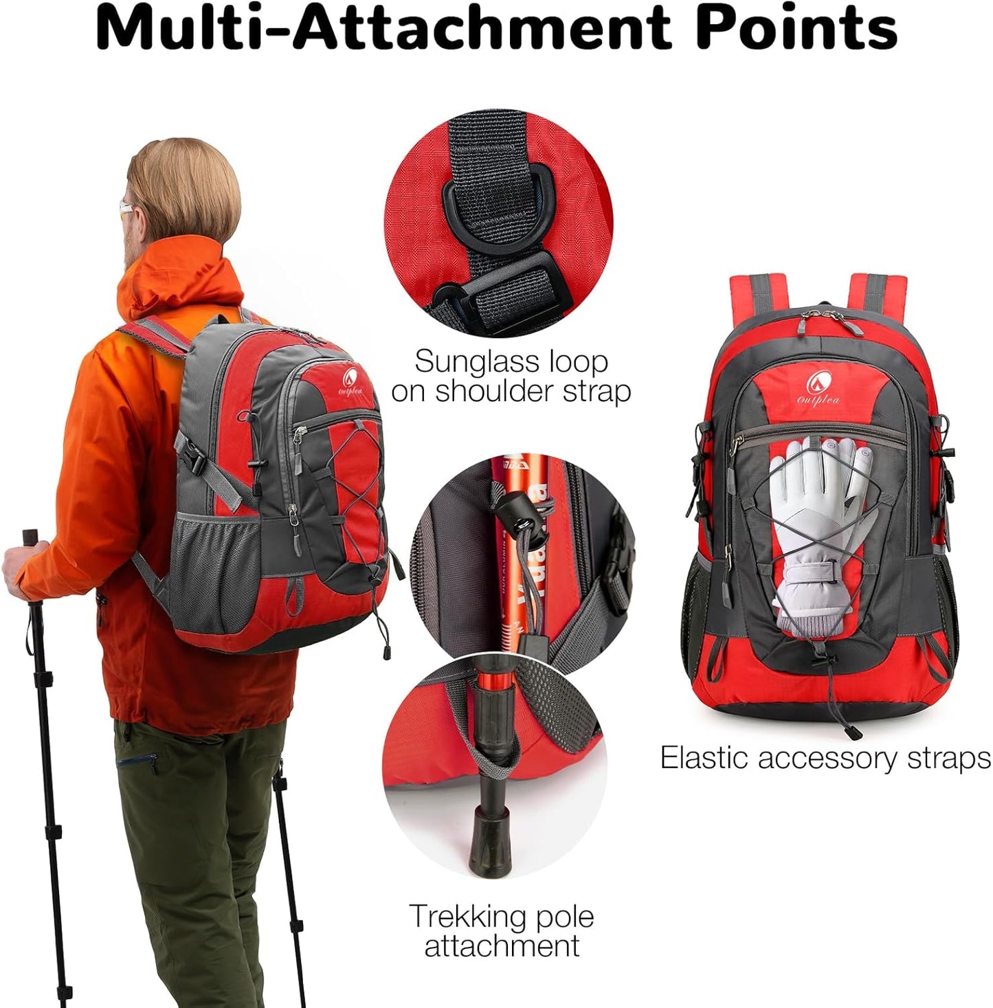 25L Small Waterproof Hiking Backpack Day Pack for Men Women, Lightweight Travel Backpack with Padded Straps, Red