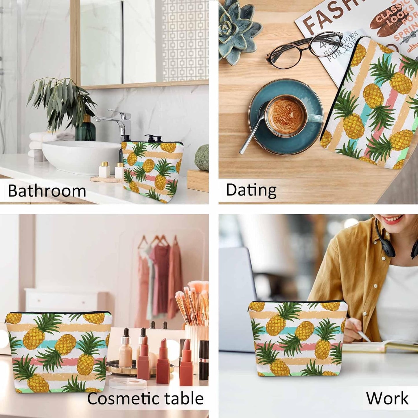 Pineapple Makeup Bags Makeup Organizer, Tropical Pineapple Yellow Flax Toiletry Bags Travel Cosmetic Bag Makeup Purse Pouch Skincare Bag Wallet Bags For Women Female Mom Daughter