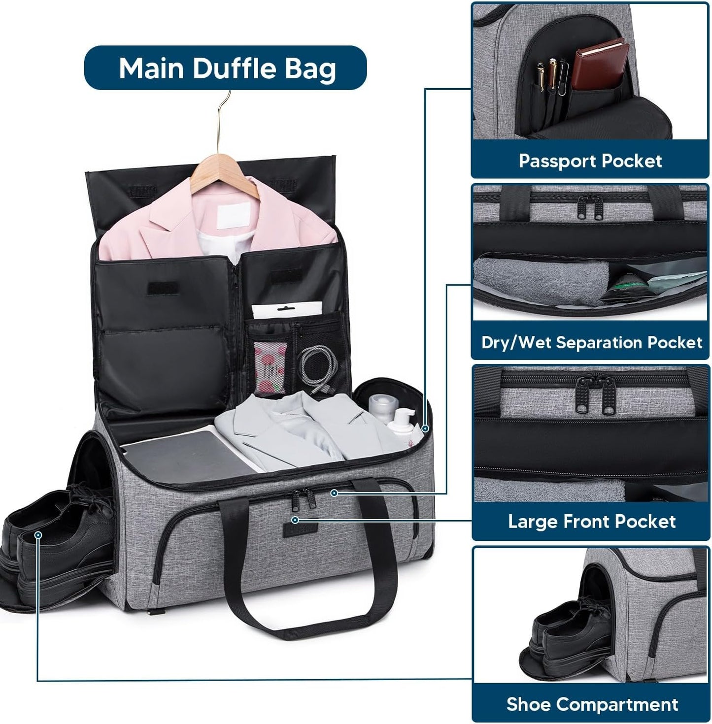 Garment Bags for Travel,Convertible Garment Bag with Shoulder Strap, 4 in 1 Suit Bag Travel with Shoes Foldable 58L Carry on Garment Bag for Men Women Garment Duffle Bags for Travel,Grey