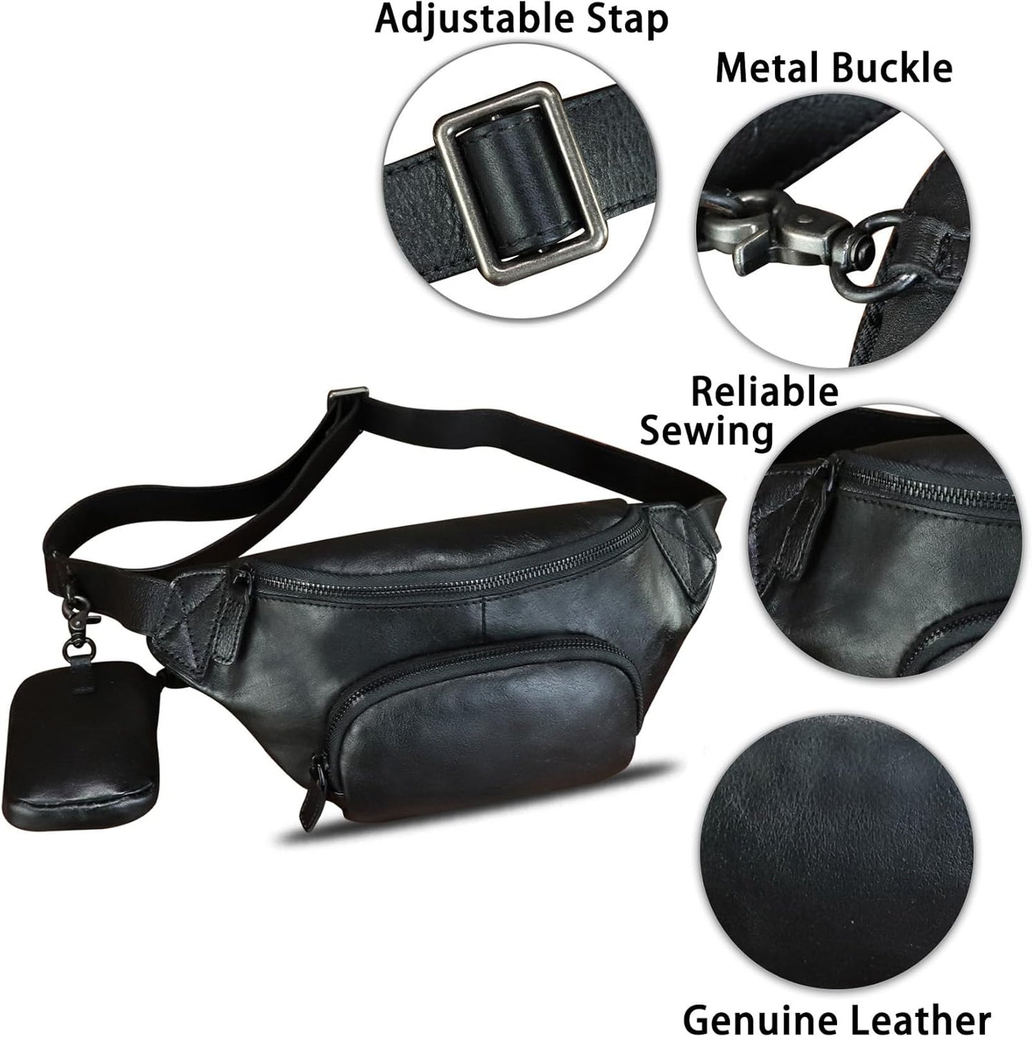 Genuine Leather Waist Bag Hip Bag Fanny Packs for Women and Men Real Leather Fanny Bag Sling Bag Crossbody Bags Chest Purses (Black)