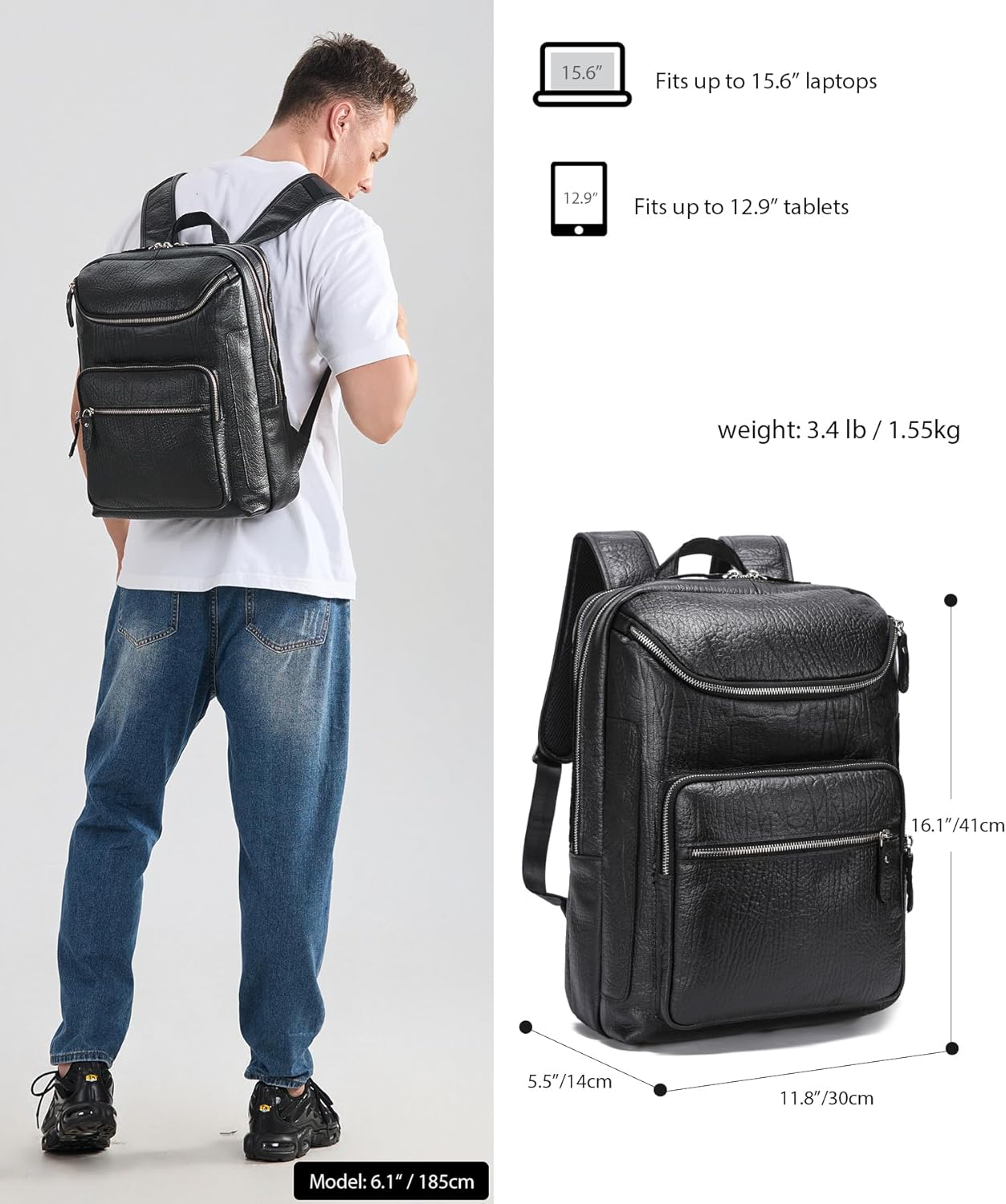 LANNSYNE Full Grain Leather Backpack For Men, 15.6" Leather Laptop Backpack Hiking Travel Bag