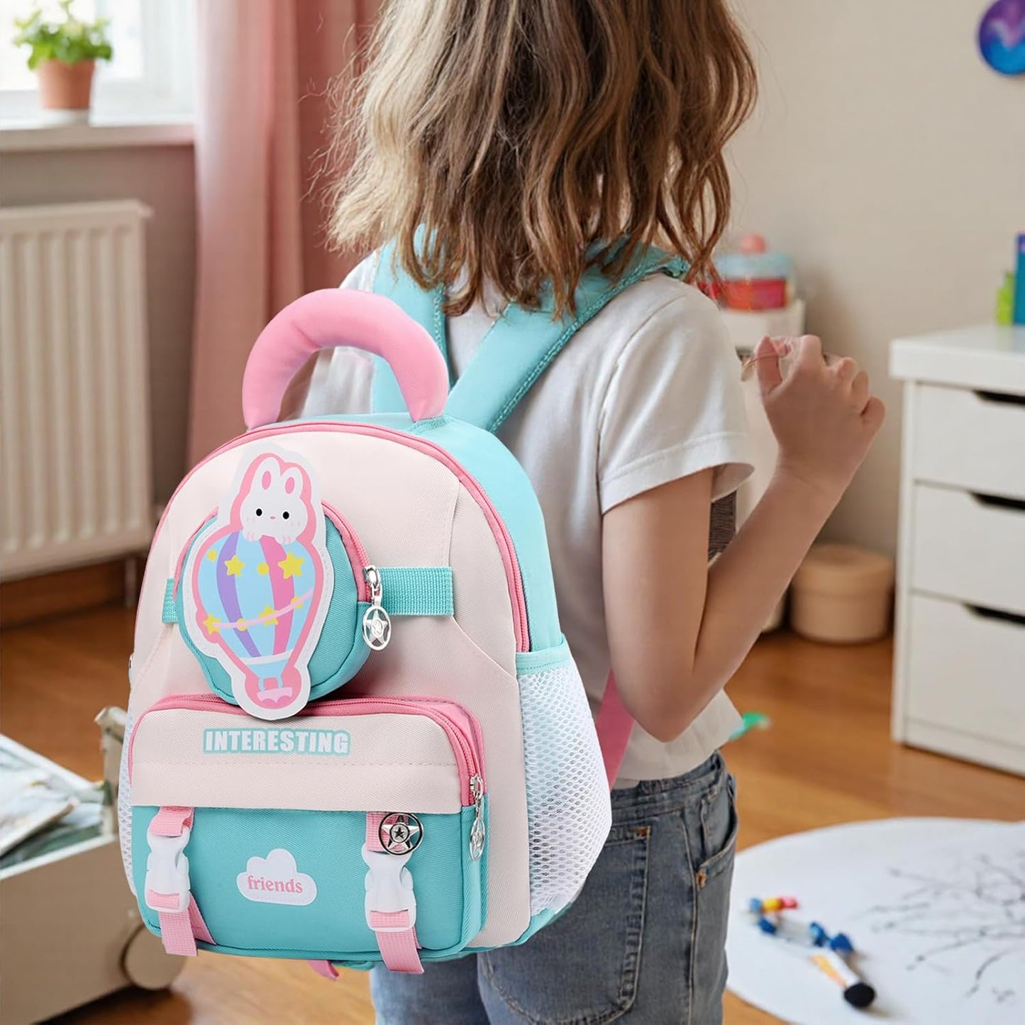 Toddler Backpack for Girls Preschool Kindergarten Backpack age 3-4 12in mini Cute Kids Bags with Detachable Waist Bag, Pink and Mint Green