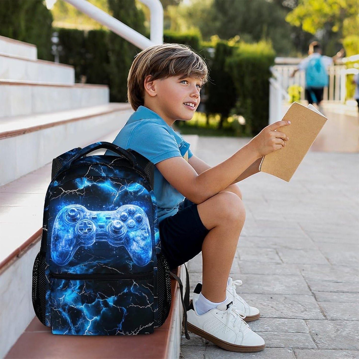 Kids Backpacks, Boys Bookbag, 17 Inch Colorful Blue Gamer Backpack for Teen Boys, Cool Leisure Schoolbag Gift for Travel, Work School Vacation