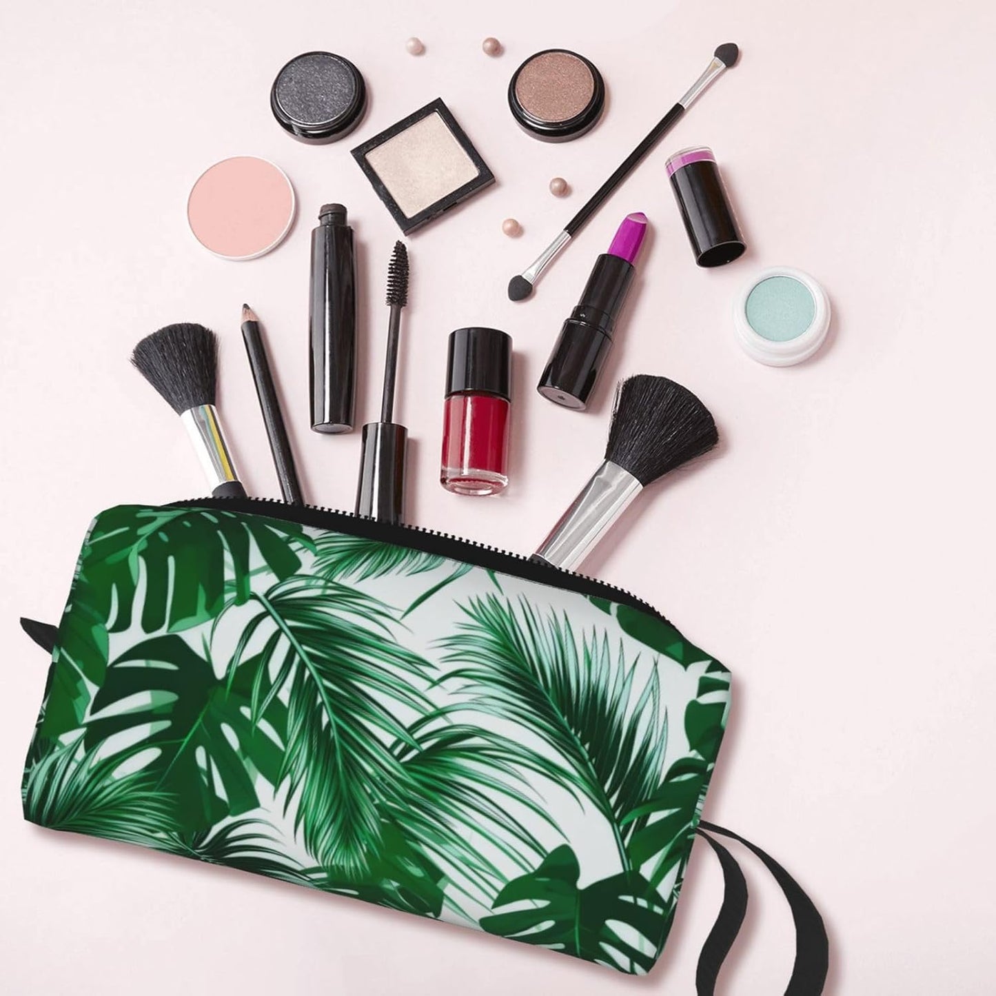 Tropical Monstera & Palm Leaf Makeup Bag Small Organizer Small Travel Cosmetic Bags Compact Durable Oxford Fabric Multi-Purpose Storage Perfect for Travel, Gym, Daily Use