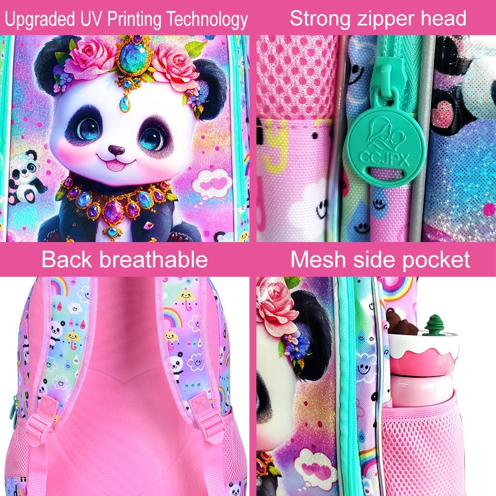 3Pcs Panda Backpack for Girls, 16" Kids School Backpacks with Lunch Box, Bookbag for Elementary