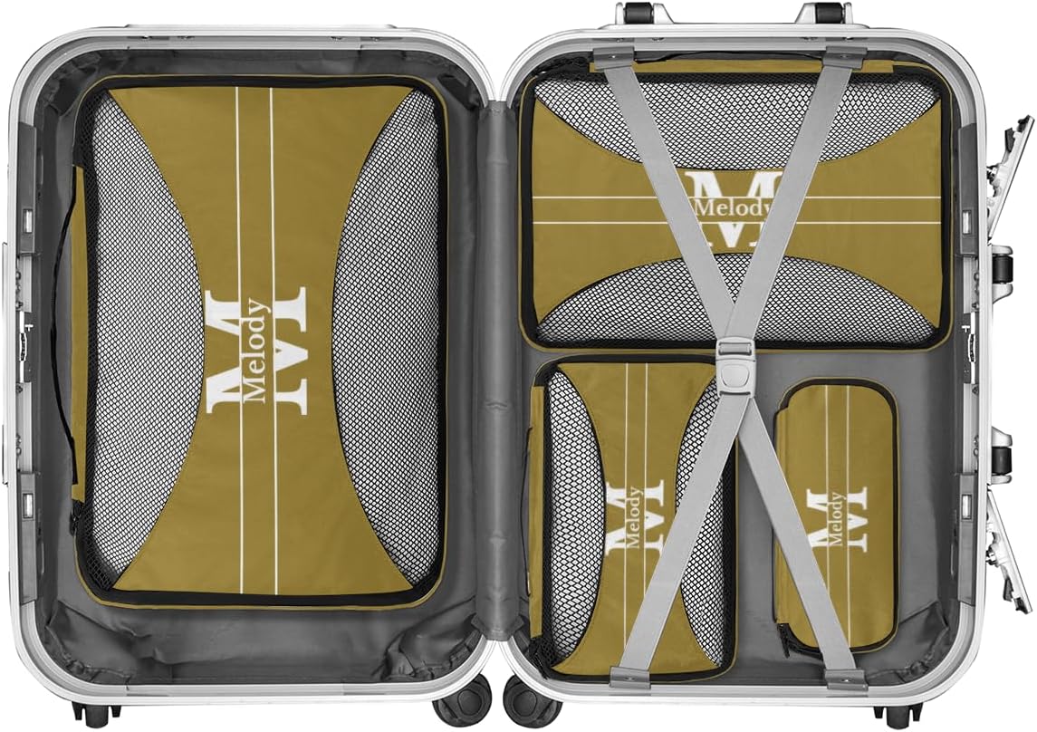 Personalized Compression Packing Cubes with Name, 4 Set Mesh Travel Organizer Bags for Carry on Women Men Boys, Luggage, Suitcase, Olive Green with Initial Letter