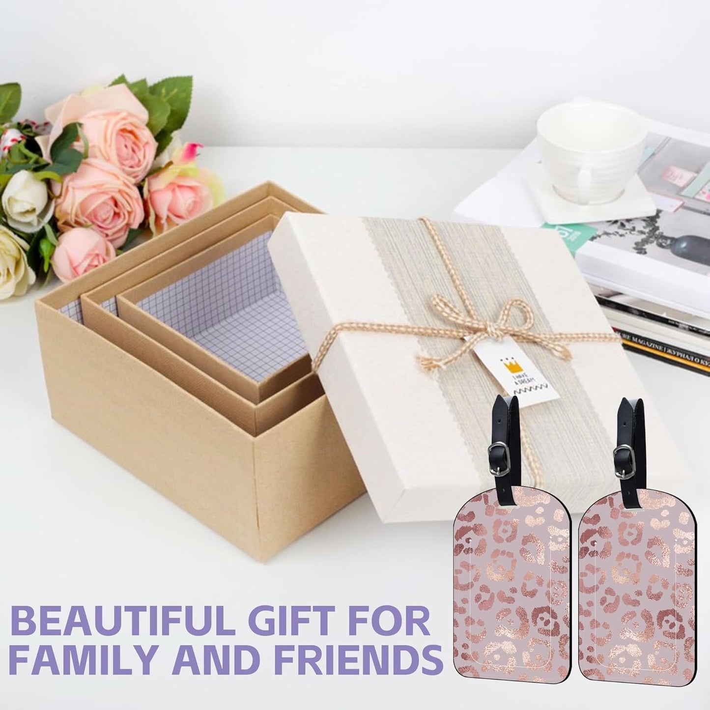 2 Pack Luggage Tags Rose Gold Leopard PU Leather Baggage Handbag Suitcase Tags with Secure Strap Privacy Cover ID Labels,Business Travel Baggage Tag Identifier