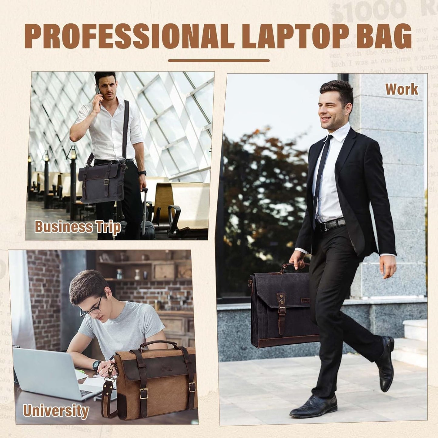 Messenger Bag for Men,Vintage Canvas Leather Canvas Laptop Satchel Shoulder Bag Business Briefcase