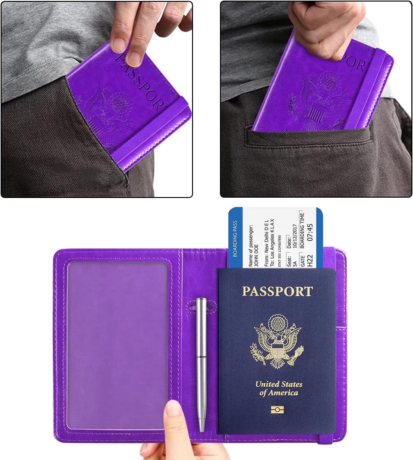 ACdream Unisex Purple Faux Leather Passport and Vaccine Card Holder with RFID Blocking, 8.5" x 6"
