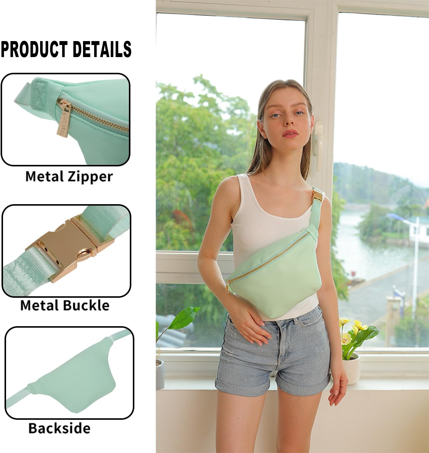 Fanny Waist Pack for Women Nylon Crossbody Bag for Men Travel Belt (Mint)