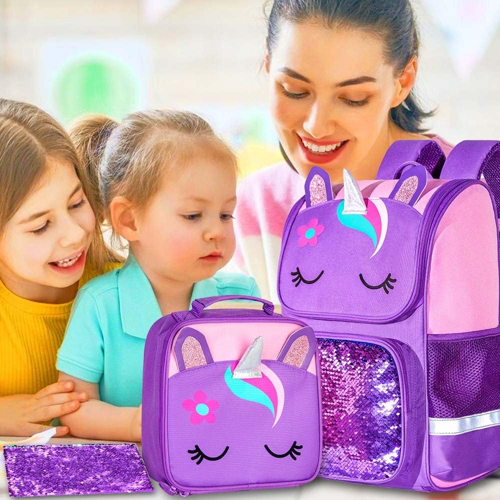 KLFVB 3PCS Backpack for Girls and Boys, 15" Unicorn Dinosaur Bookbag with Lunch Box, Kids Preschool School bag