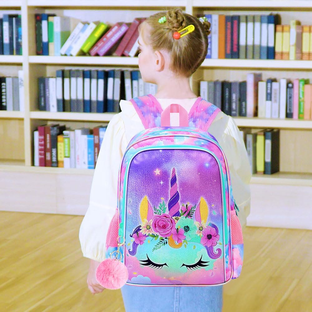 AGSDON 3PCS Backpacks for Girls, 16" Elementary Kids Unicorn Backpack Preschool School Bookbags and Lunch Box