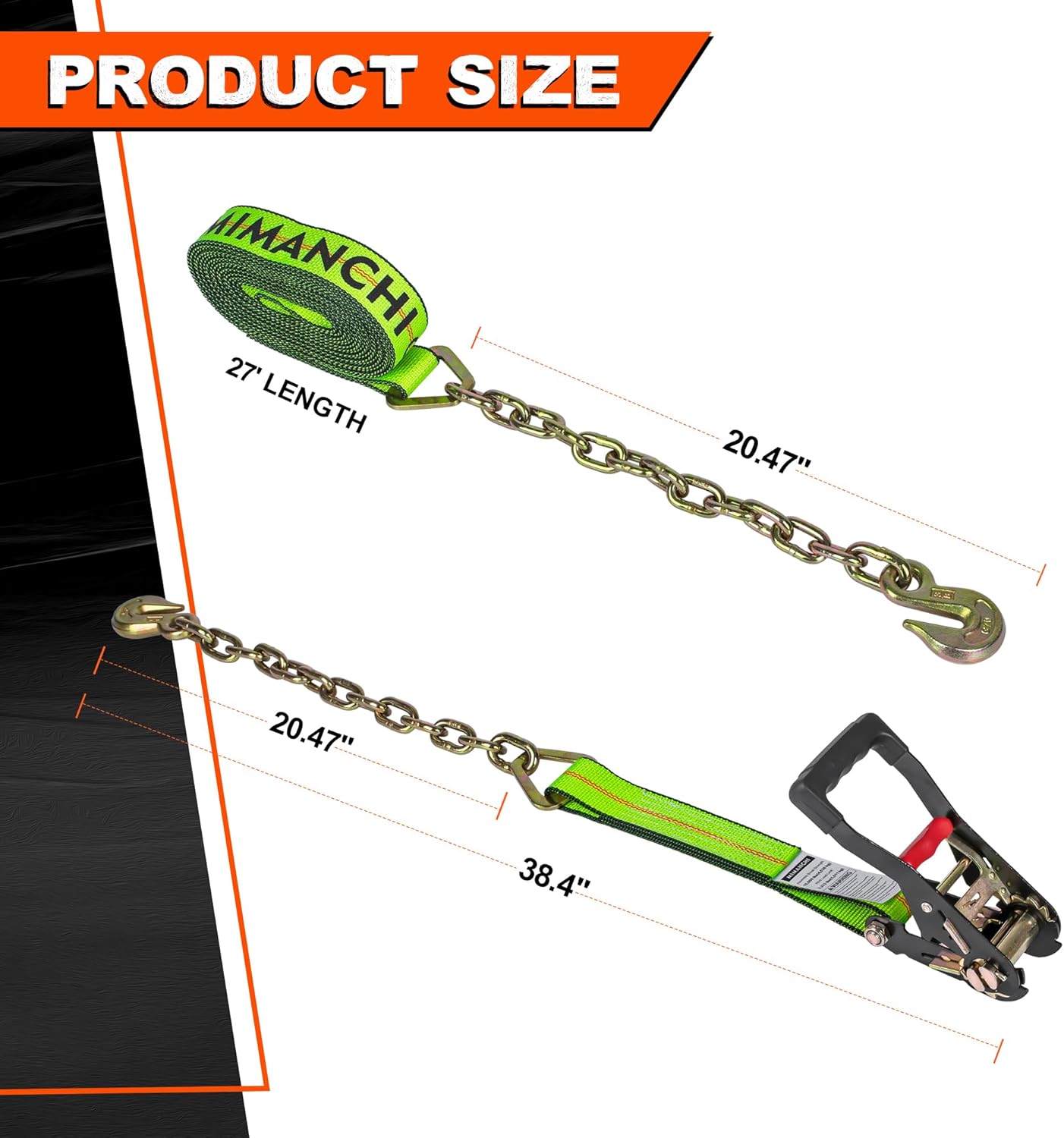 2" x 27' Ratchet Straps with Chain Extension and Grab Hooks,Heavy-Duty Tie Down Straps 3,333 lbs Working Load Limit and 10,000 lbs Break Strength for Cargo Straps for Secure Transport 4Pac