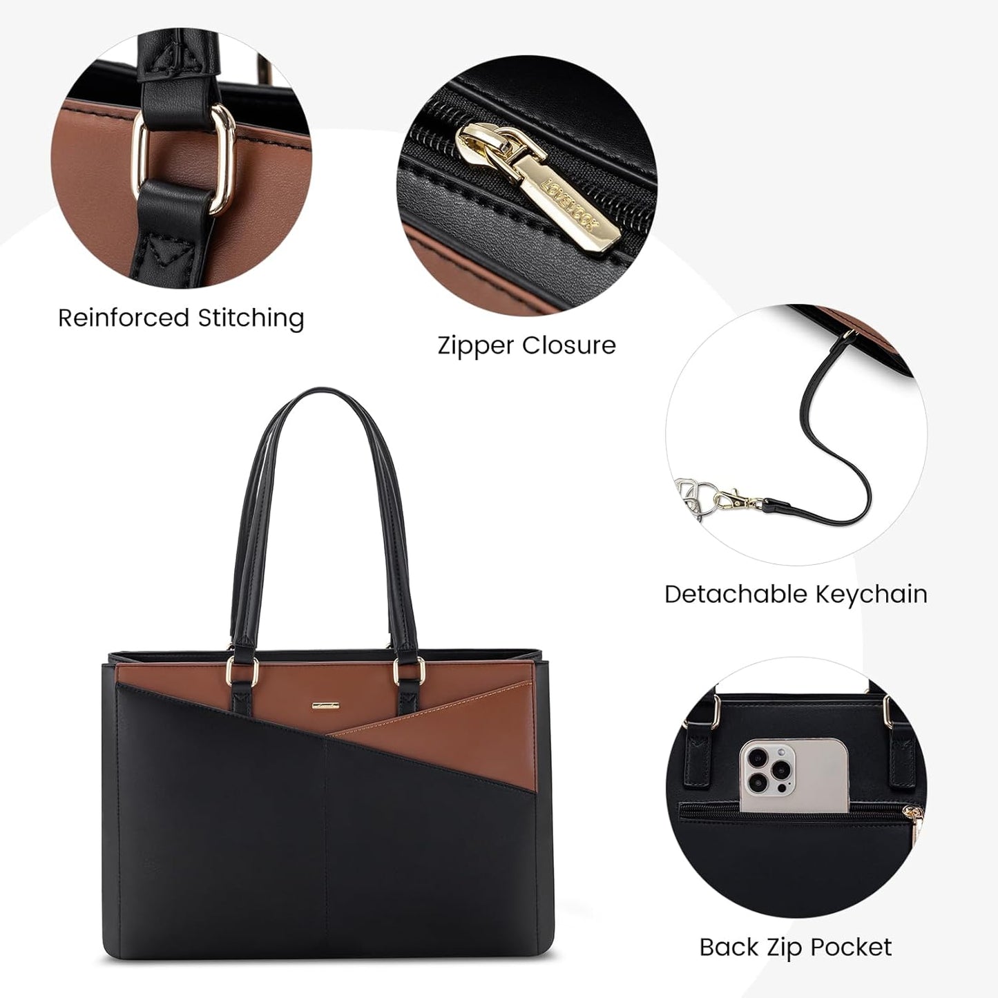 LOVEVOOK Laptop Tote Bag for Women, Office Work Bag Briefcase fit for 15.6 inch Laptop, Large Capacity Teacher Computer Bag Handbag Black/Brown
