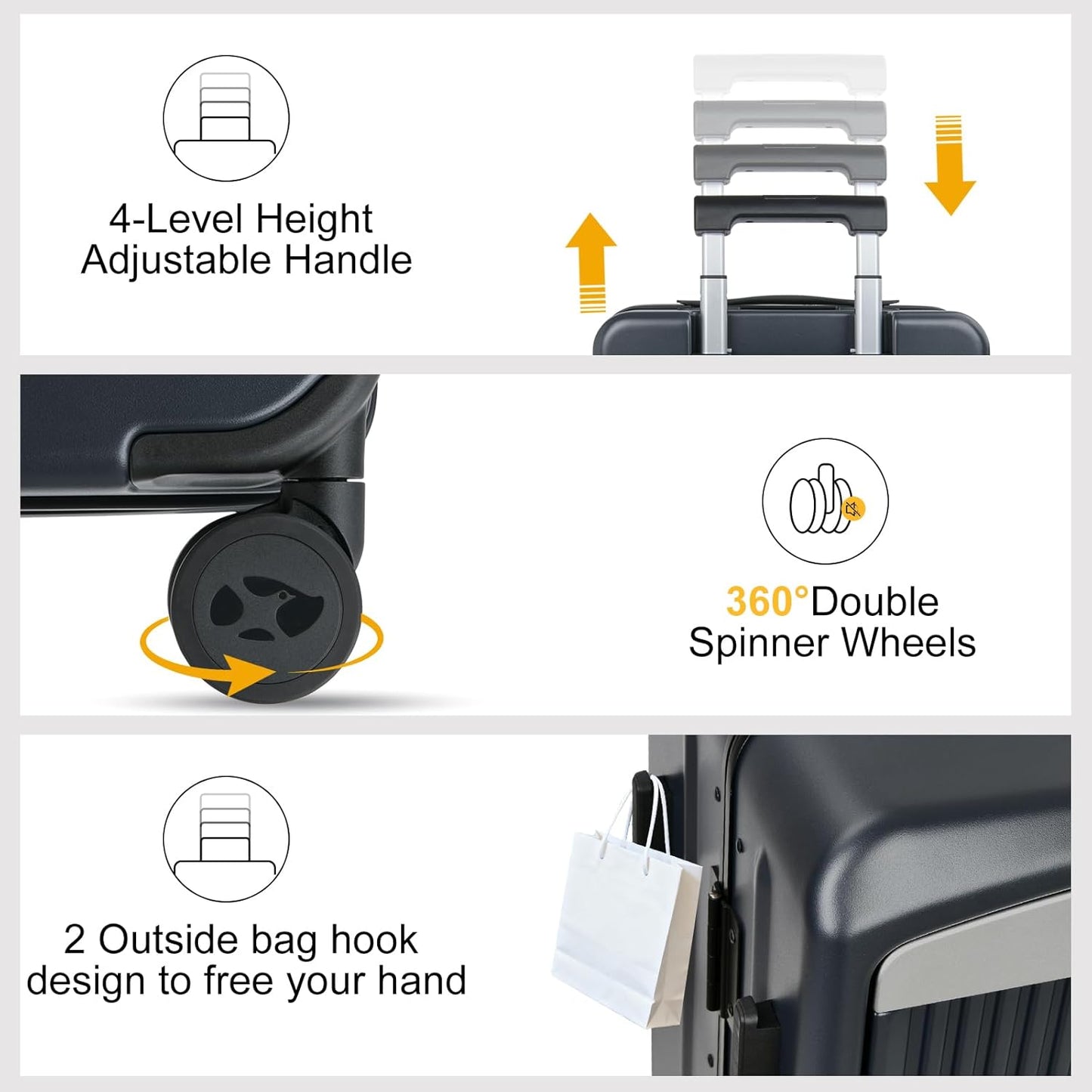 Carry on Luggage 22x14x9 Airline Approved, Durable PC Hardside Suitcase with TSA Lock for Business Trip, 20 Inch Carry-on Luggage, USB Port & 360°Spinner Wheels (20 Inch - Aluminium-Frame, Dark Grey)