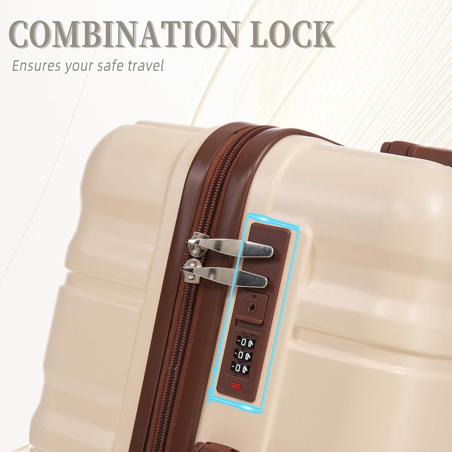 Campfun 3 Piece Luggage Sets, ABS Suitcase Set with Double Spinner Wheels Hang Hook, Durable Carry On Luggage with Combination Lock, 20/24/28 inch, Beige