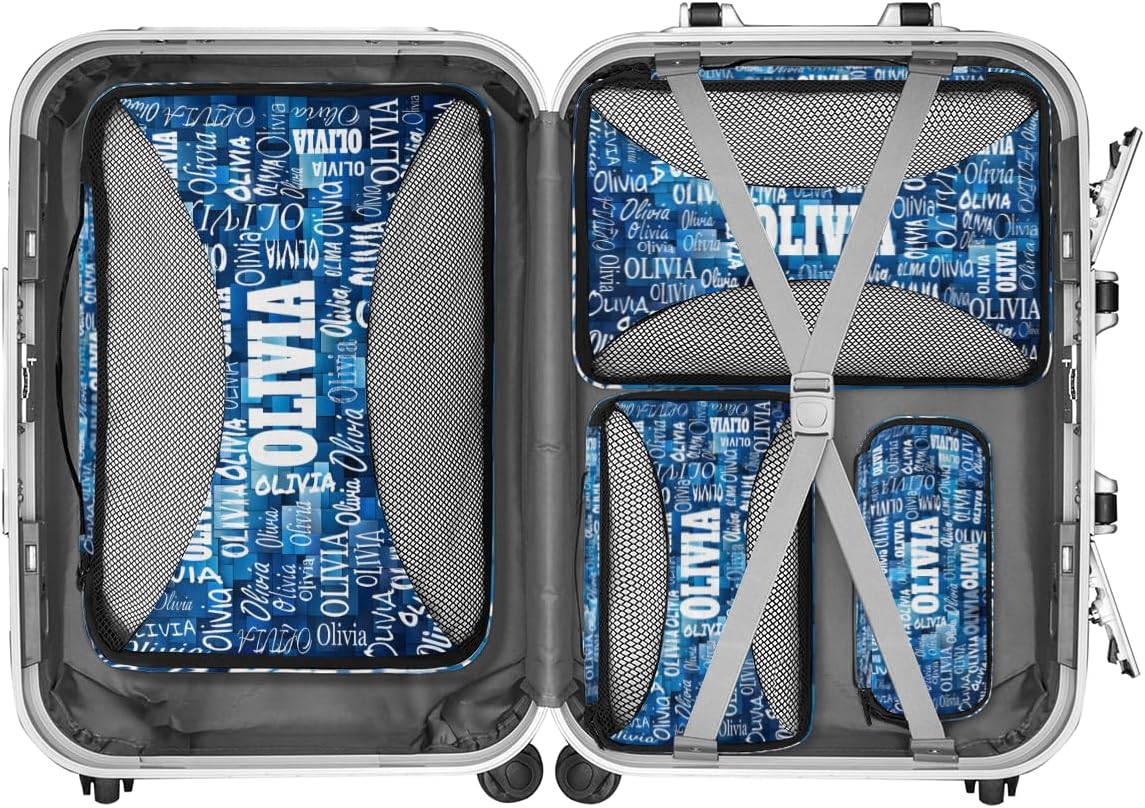 Custom 4 Set Packing Cubes for Travel, Personalized Mesh Travel Luggage Packing Organizers for Women Men, Watercolor Blue Geometric Pattern for Men Boys