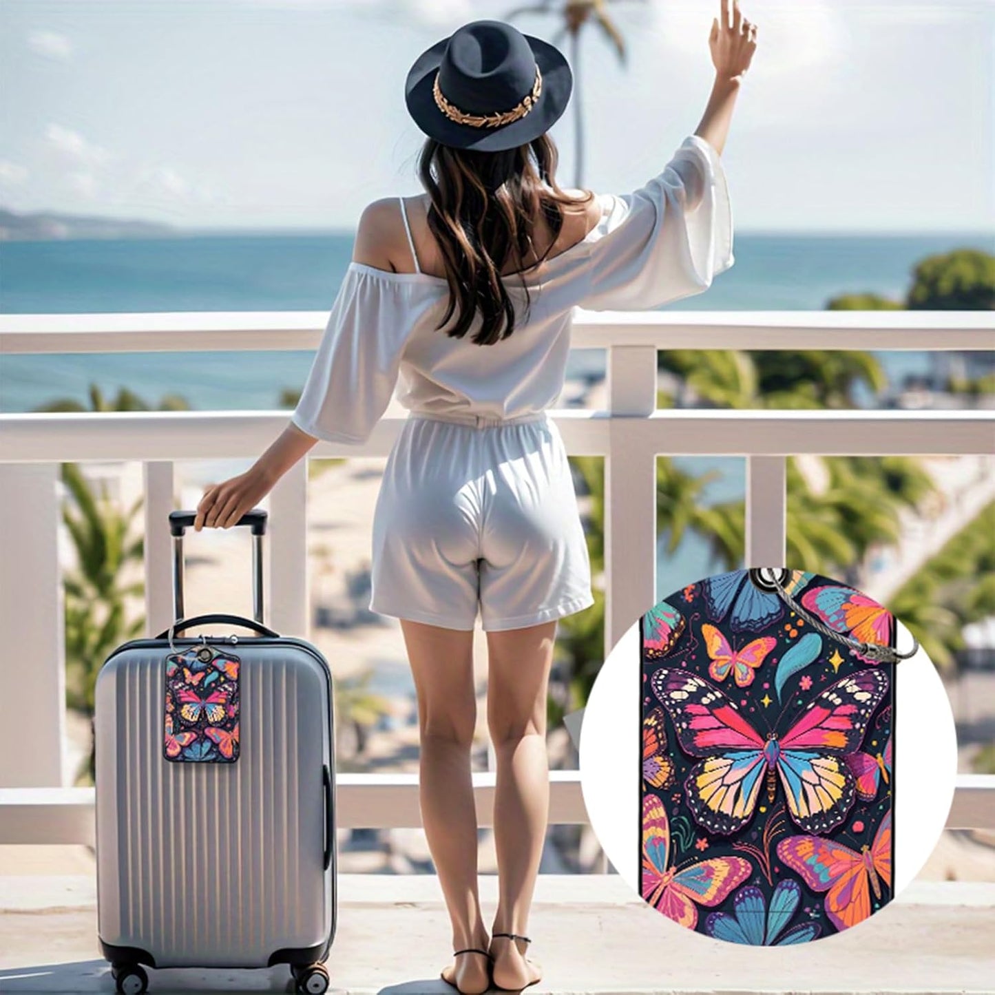 Butterfly Leather Luggage Tags for Suitcases, PU Cruise Ship Travel Bag Tags with Privacy Cover ID Label with Stainless Steel Loop for Women Men Girls Cute Backpack Gift 2 Pack (Blue)