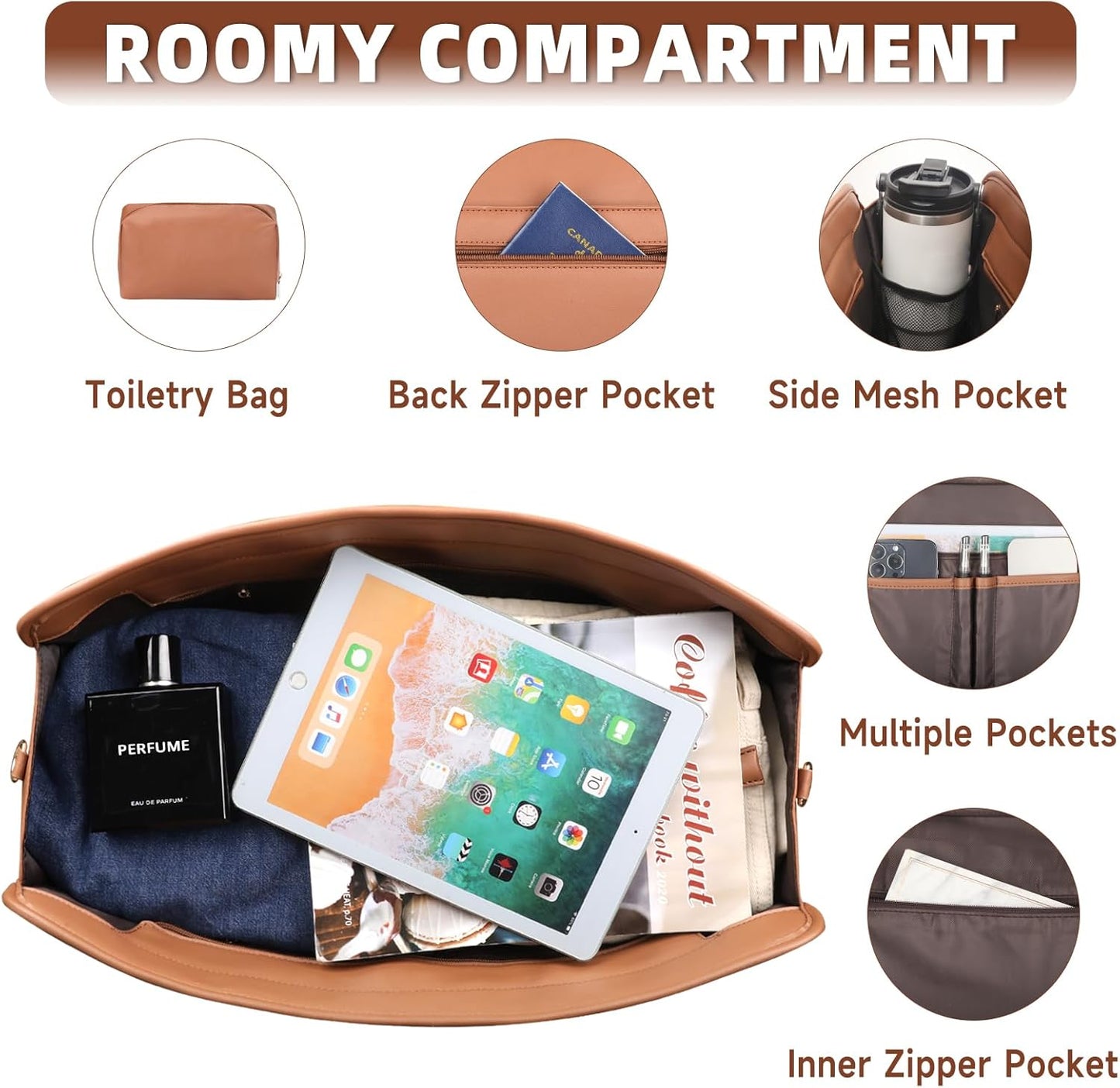 Bolosta Travel Duffle Bag for Men Women, PU Leather Duffel Bag for Traveling, Large Carry on Weekender Overnight Bag with Shoe Compartment, Perfect for Travel/Daily Use
