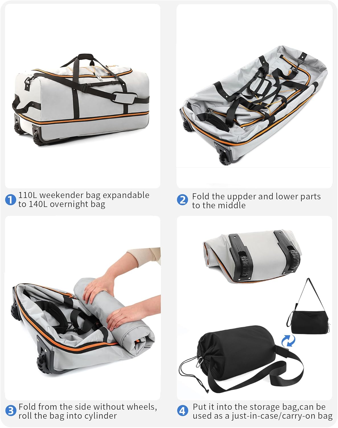 32" Soft-Sided Foldable Wheeled Travel Duffel Bag,Expandable 110L to 140L Rolling Cargo Bag with 2 Wheels and Multiple Pockets (001-Gray)