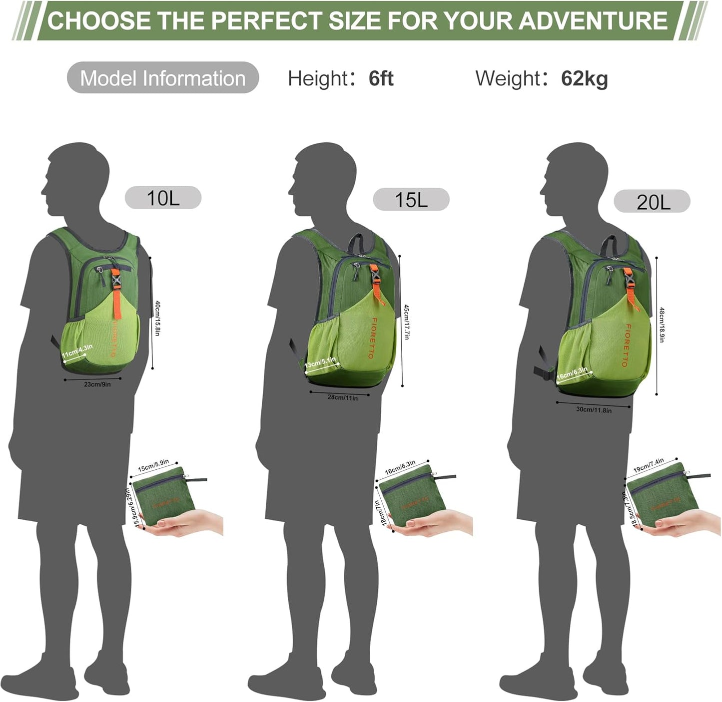 FIORETTO 15L Hiking Backpack for Women Men Mini Packable Backpack Lightweight Small Daypack for Camping Travel Outdoor, Green