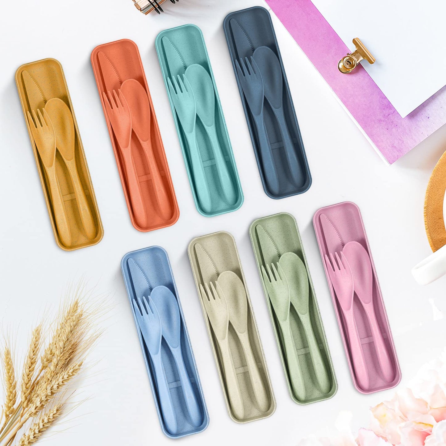 Yahenda 28 Sets Reusable Travel Utensils Set with Case Wheat Straw Cutlery Portable Spoon Knife