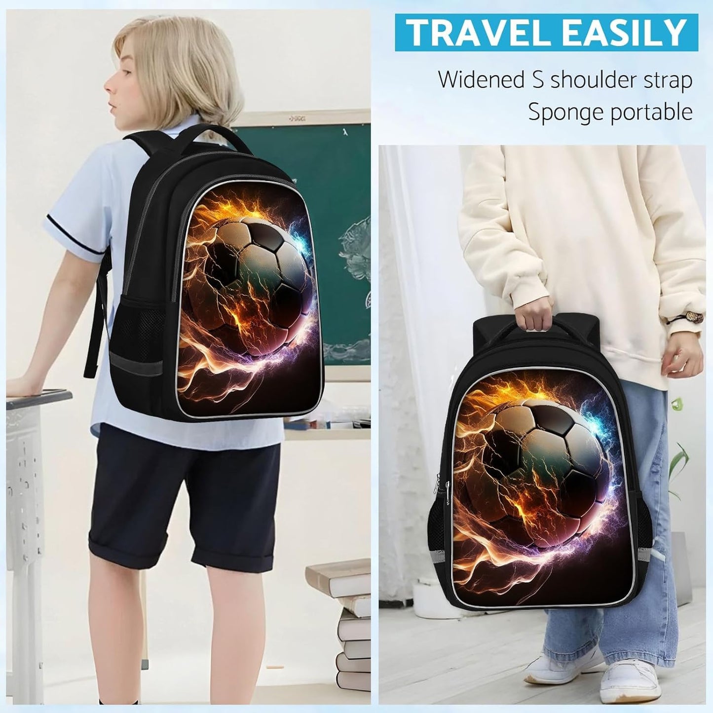 School Backpack for Boys - Soccer Boys Backpack for Kids Children Teens Elementary Middle School - Students Bag for Ages 6-18,17″Bookbag Multifunctional Large Capacity