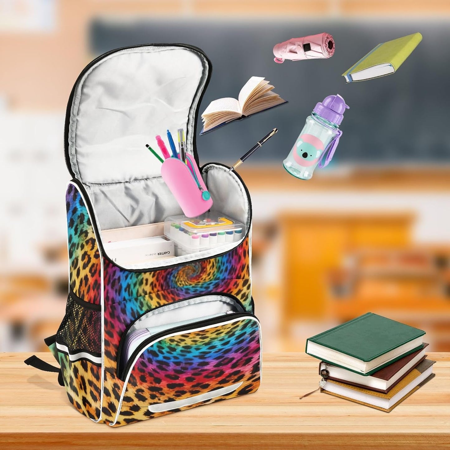 Rainbow Leopard Print Tie Dye Cute Backpack For Girls Kids Backpack Boys Teen School Bag Bookbag Travel Daypacks