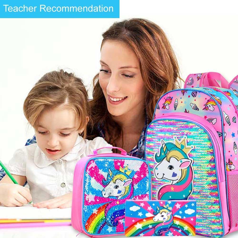 3PCS Girls Backpack, 16" Sequin Prechool Elementary Bookbag and Lunch Box