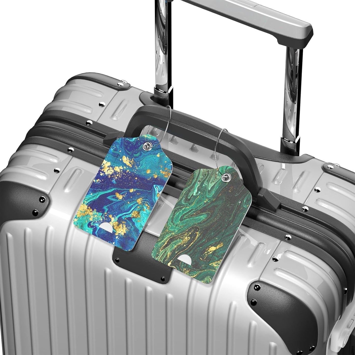 2 Pack PU Leather Luggage Tags for Suitcase, Travel Cruise Luggage Tag with Privacy Flap, Name ID Label and Metal Loop for Women Men Baggage Handbag School Bag Backpack, Green Marble