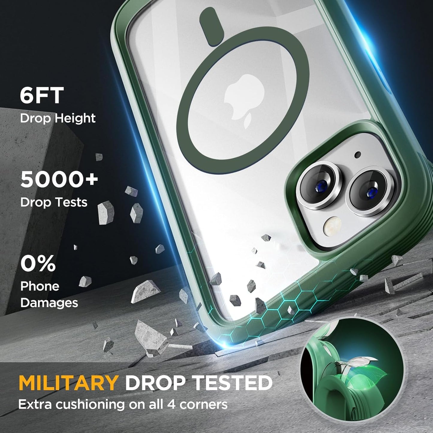 Miracase Glass Series Designed for iPhone 14 Plus Case 6.7 inch, 2023 Upgrade Full-Body Magnetic Clear Case with Built-in 9H Tempered Glass Screen Protector,Compatible with MagSafe,Green