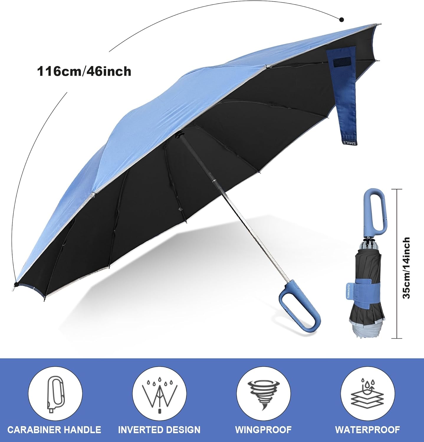 QWB TUMAAOTU Inverted Umbrella with Carabiner Handle, Wind Proof Umbrellas For Rain and Sun, 46 Inch Portable Reverse Folding UV Umbrella, Car Umbrella for Women Men, 10 Ribs