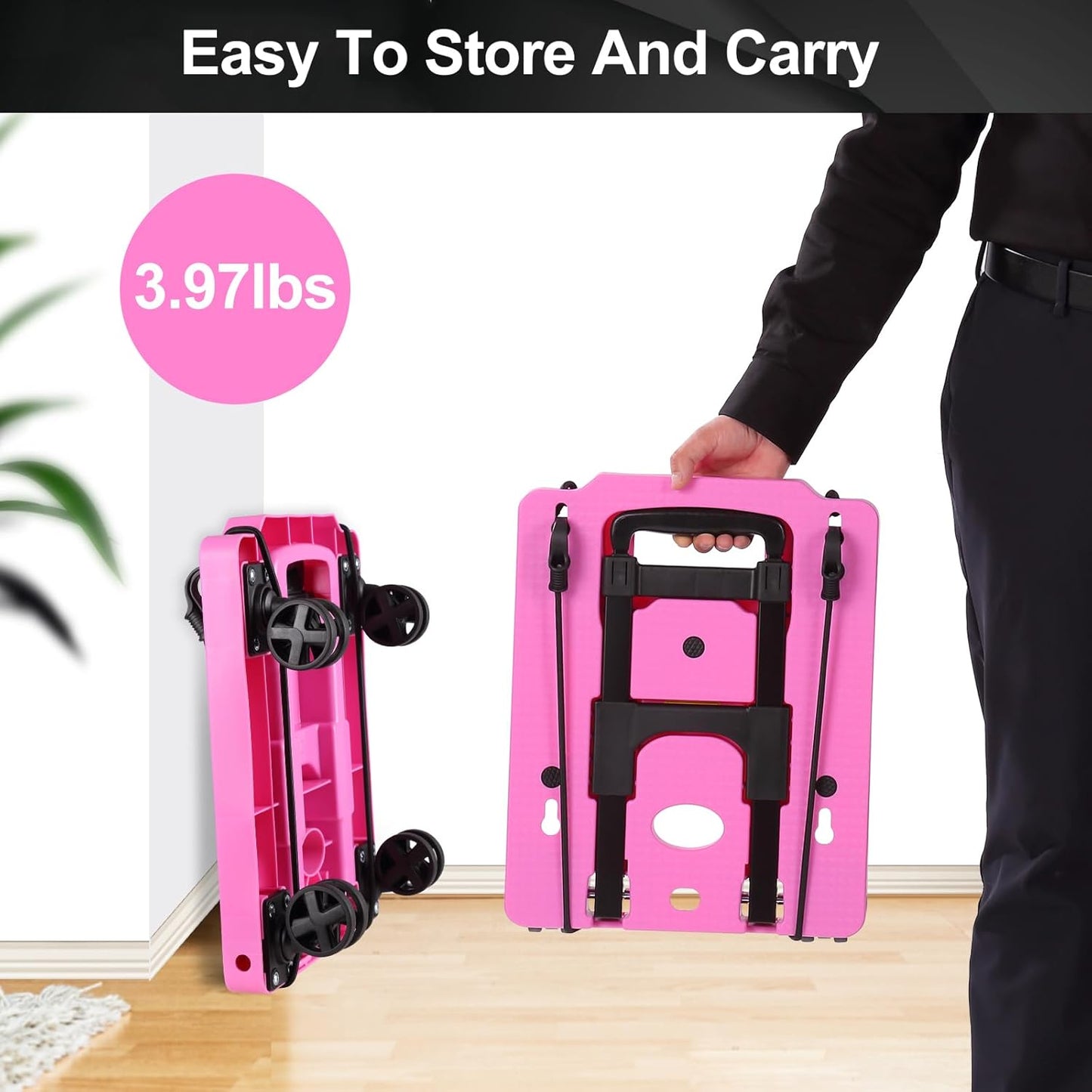 Folding Hand Truck Lightweight Hand Truck Dolly Foldable,Luggage cart with 4 Rotate Wheels, Utility Cart with Adjustable Handle,Collapsible Dolly for Moving -Pink