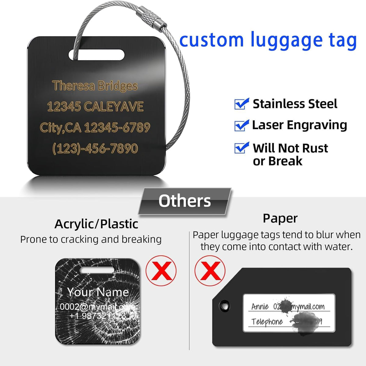 5 Pack Custom Engraved Luggage Tags, 2 x 2 inches Waterproof Personalized Luggage Tags, Aluminum