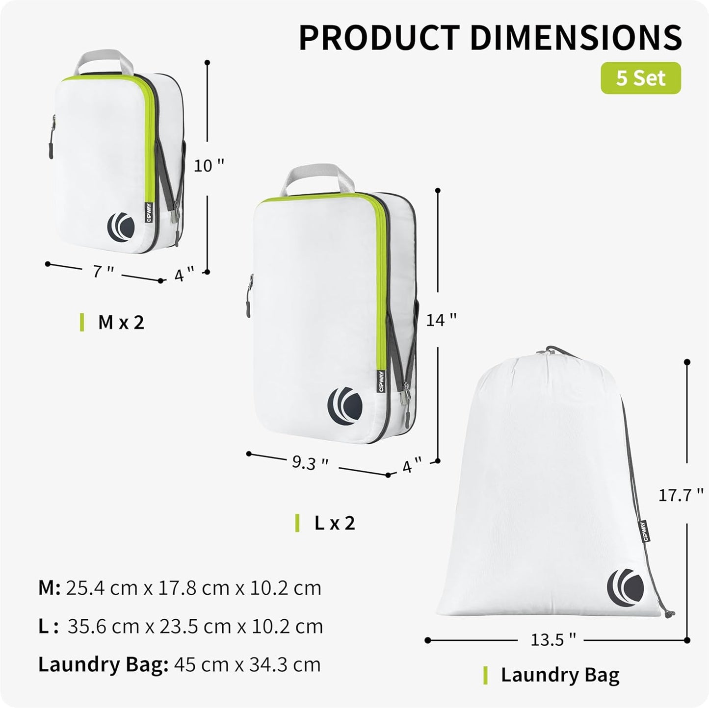 Cipway - 5 Set Compression Packing Cubes for Travel, Ultralight Packing Organizers for Luggage Suitcase & Backpack (White), L