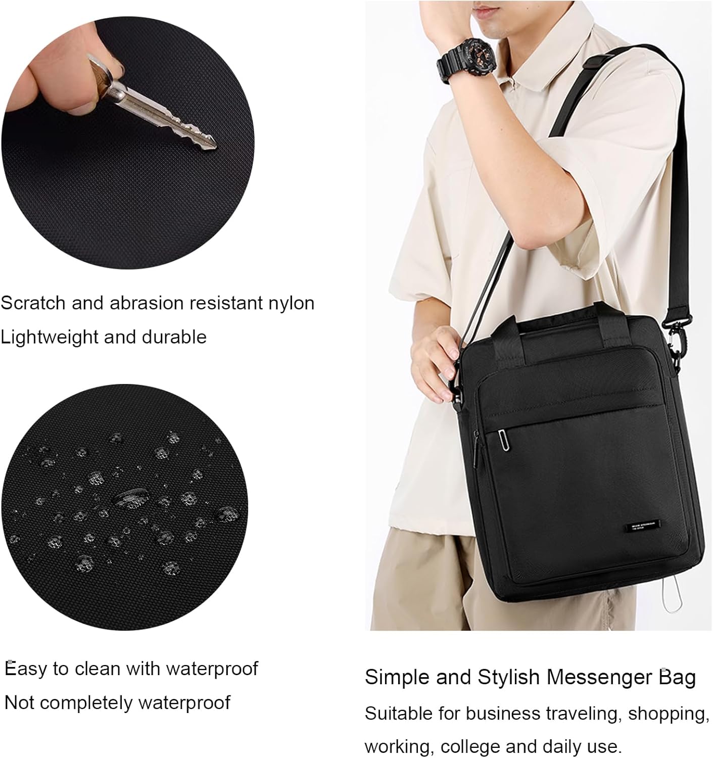 Men's Messenger Bag A4 Nylon Large Shoulder Bag Business Waterproof Casual Black Crossbody Bag for Work Travel Outdoor