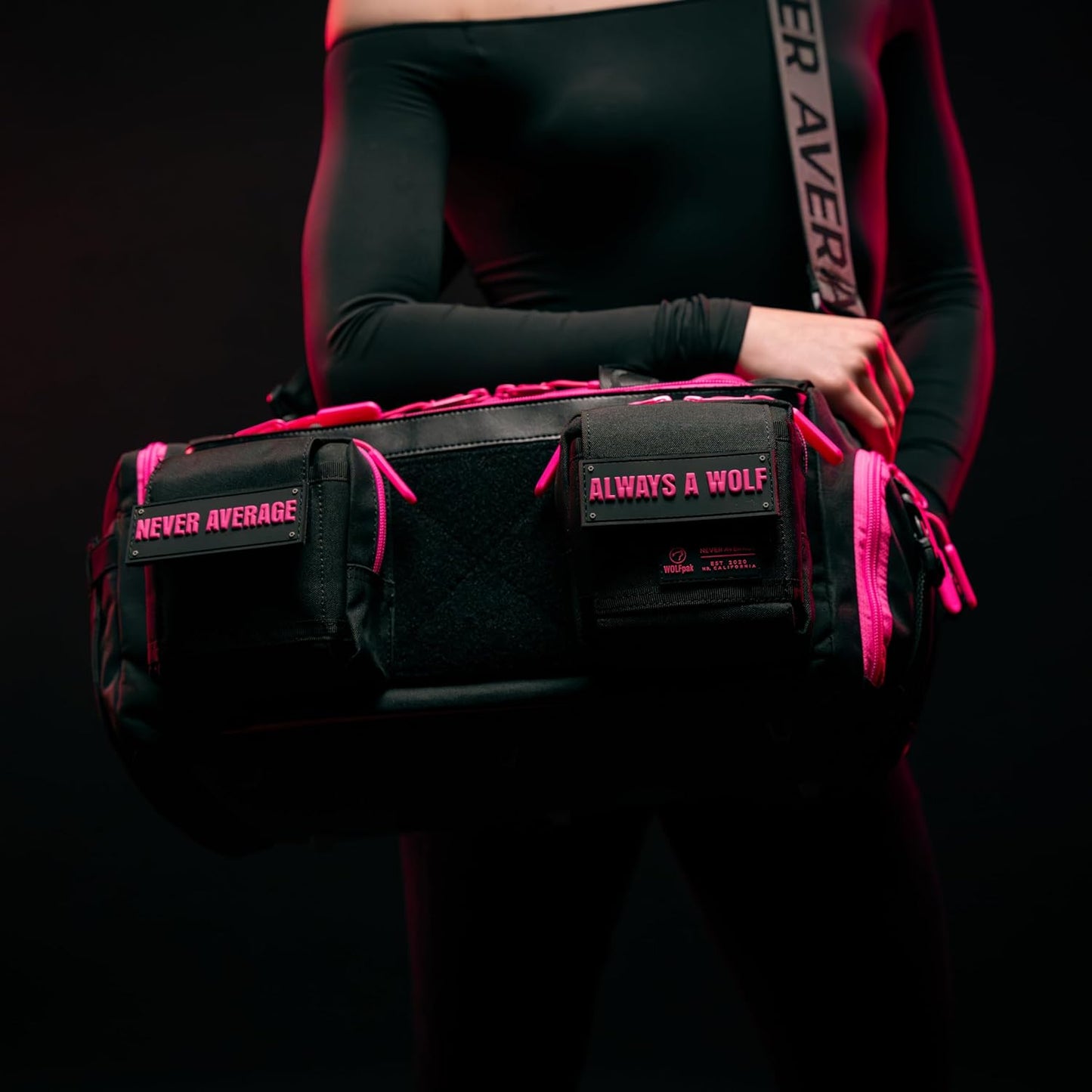 WOLFpak 20L Mini Duffle Bag for Gym & Travel | Waterproof Carry-On Weekender Bag with Shoe Compartment, Hard Bottom, and Tactical Molle System (Neon Pink)